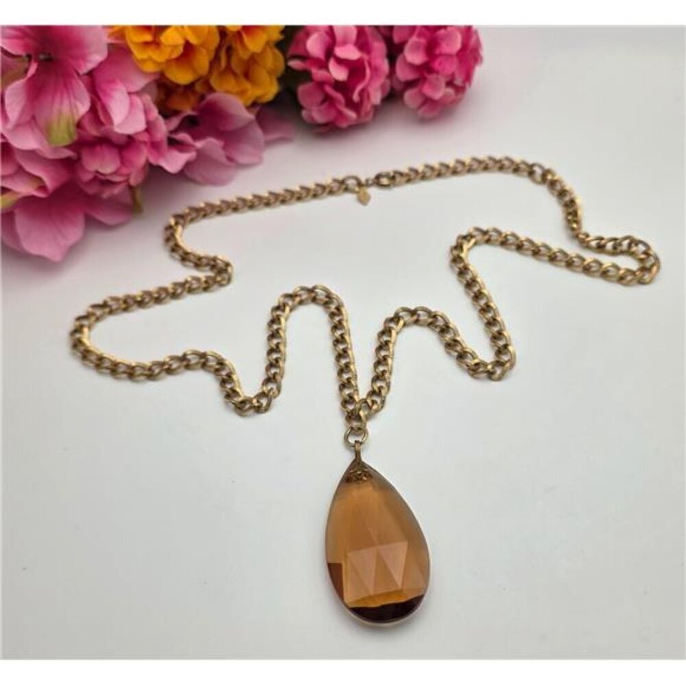 Sarah Coventry Amber Faceted Acrylic Teardrop Pendant Necklace Gold Tone 29 in